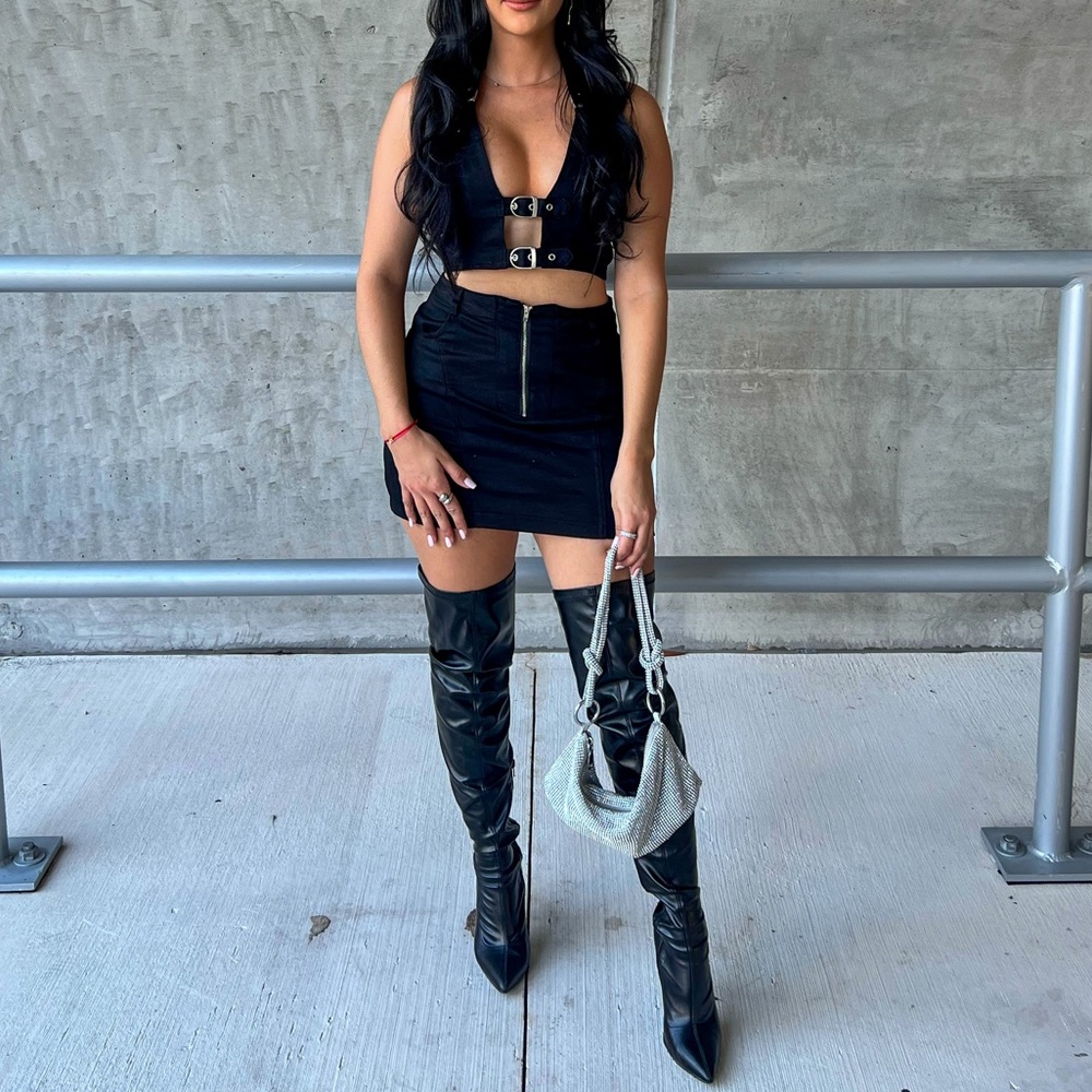 Black Two-Piece Halter Top and Skirt Set